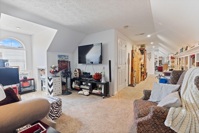 carpeted living area featuring visible vents, lofted ceiling, and recessed lighting