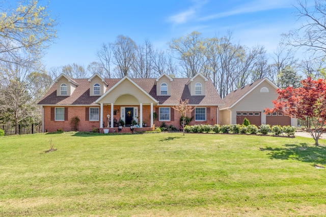 cape cod-style house featuring a front lawn, brick siding, a garage, fence, and a shingled roof