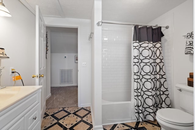 bathroom featuring visible vents, toilet, shower / bathtub combination with curtain, vanity, and tile patterned flooring