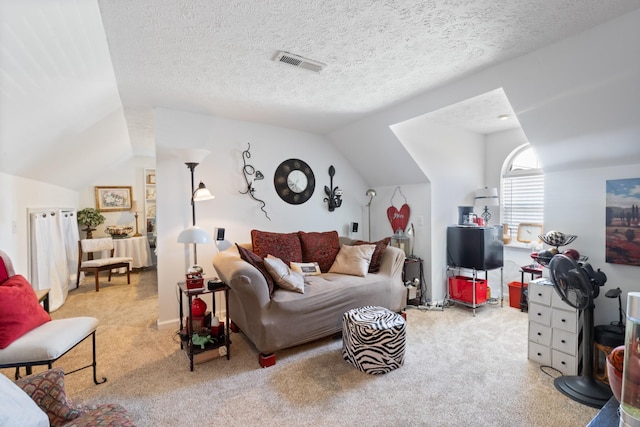living room with carpet, visible vents, and vaulted ceiling
