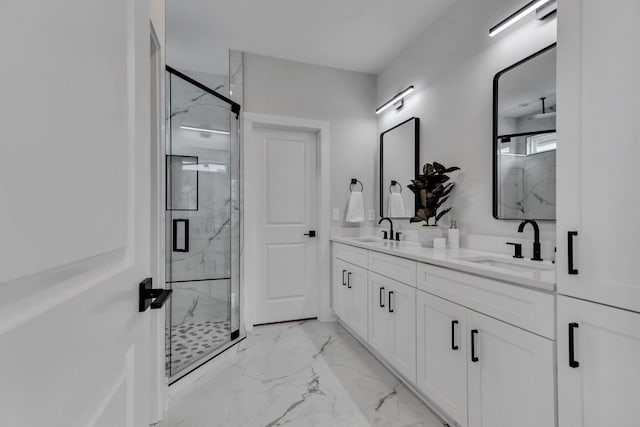 6376A Ivy St, Nashville, TN 37209 - full bath with marble finish floor, double vanity, a marble finish shower, and a sink
