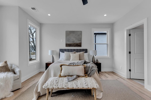 6376A Ivy St, Nashville, TN 37209 - bedroom featuring visible vents, baseboards, a ceiling fan, light wood finished floors, and recessed lighting