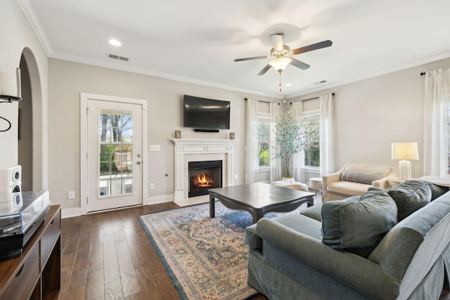 7025 Headwaters Dr, Franklin, TN 37064 - living room featuring a fireplace with flush hearth, arched walkways, a healthy amount of sunlight, and a ceiling fan