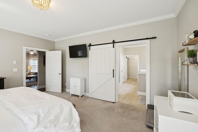 7025 Headwaters Dr, Franklin, TN 37064 - bedroom with ornamental molding, light colored carpet, a barn door, and baseboards