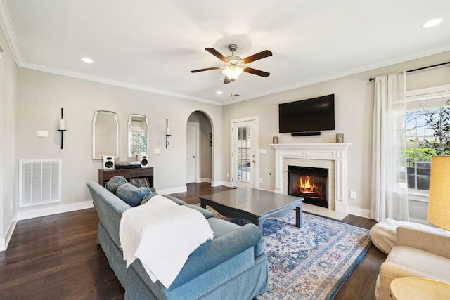 7025 Headwaters Dr, Franklin, TN 37064 - living room with a high end fireplace, a ceiling fan, visible vents, recessed lighting, and baseboards