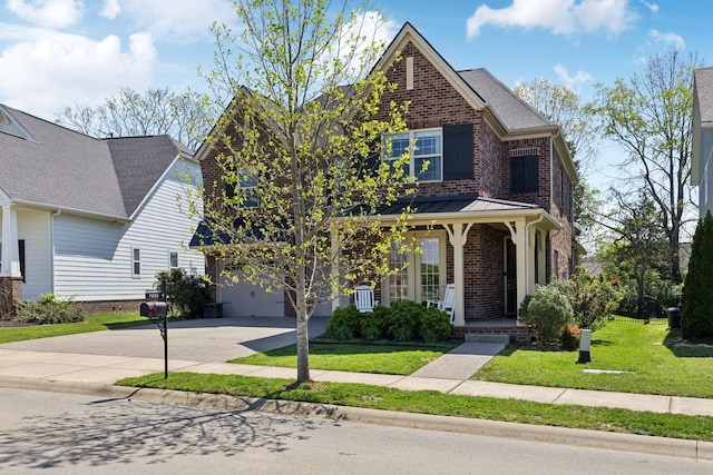 7025 Headwaters Dr, Franklin, TN 37064 - view of front of property with concrete driveway, an attached garage, a front yard, brick siding, and covered porch