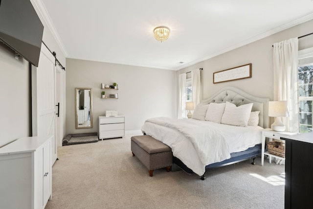 7025 Headwaters Dr, Franklin, TN 37064 - bedroom with light carpet, crown molding, and a barn door