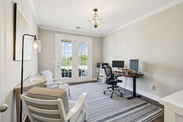 7025 Headwaters Dr, Franklin, TN 37064 - office space with baseboards, a notable chandelier, ornamental molding, and visible vents