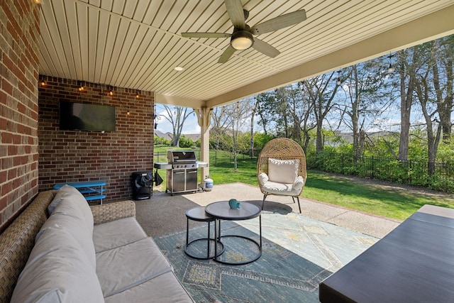 7025 Headwaters Dr, Franklin, TN 37064 - view of patio featuring area for grilling, an outdoor living space, fence, and a ceiling fan