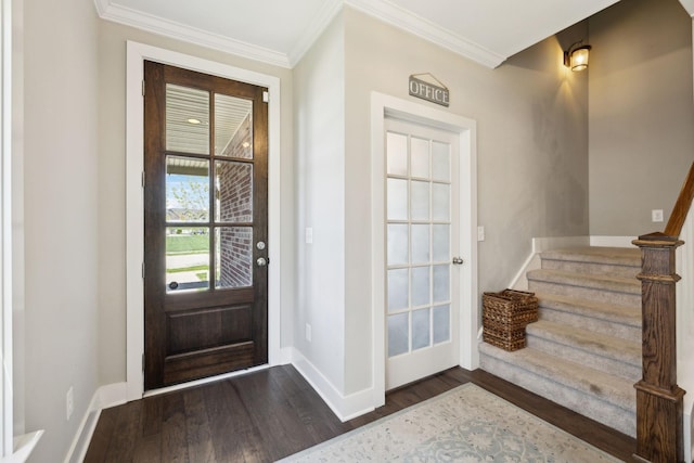 7025 Headwaters Dr, Franklin, TN 37064 - foyer entrance with stairs, dark wood-style floors, baseboards, and ornamental molding