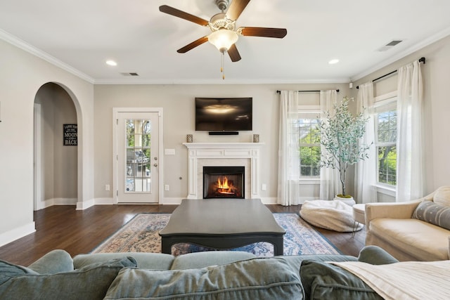 7025 Headwaters Dr, Franklin, TN 37064 - living area featuring visible vents, a ceiling fan, dark wood finished floors, crown molding, and a lit fireplace