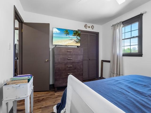 bedroom with a closet and wood finished floors