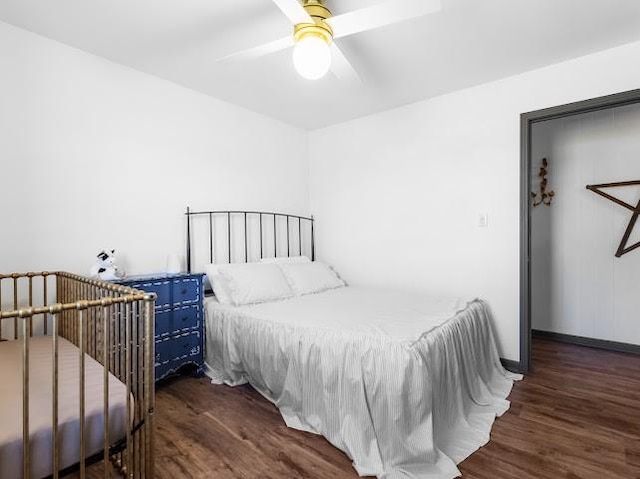 bedroom featuring ceiling fan and wood finished floors