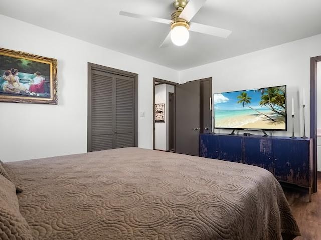 bedroom featuring a closet, a ceiling fan, and wood finished floors