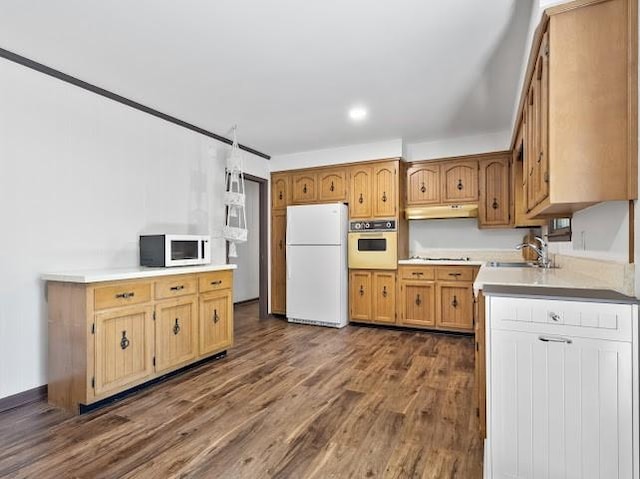 kitchen featuring dark wood-style floors, under cabinet range hood, light countertops, and white appliances