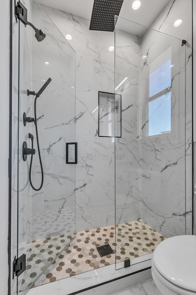 6376D Ivy St, Nashville, TN 37209 - full bathroom with recessed lighting, toilet, marble finish floor, and a marble finish shower