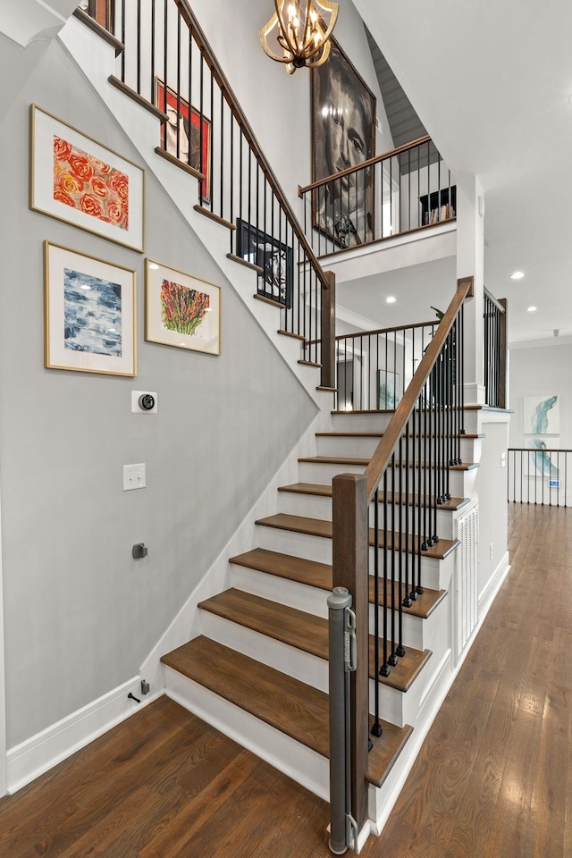 113 Cheekwood Ter, Nashville, TN 37205 - staircase with recessed lighting, an inviting chandelier, wood finished floors, and baseboards