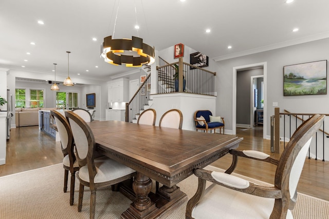 113 Cheekwood Ter, Nashville, TN 37205 - dining area with crown molding, recessed lighting, stairway, and light wood-style flooring