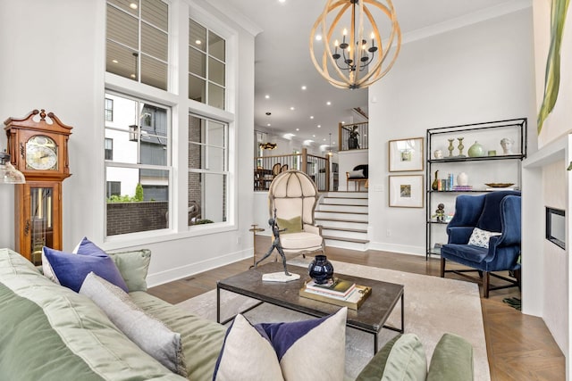 113 Cheekwood Ter, Nashville, TN 37205 - living area with stairway, baseboards, recessed lighting, ornamental molding, and a notable chandelier