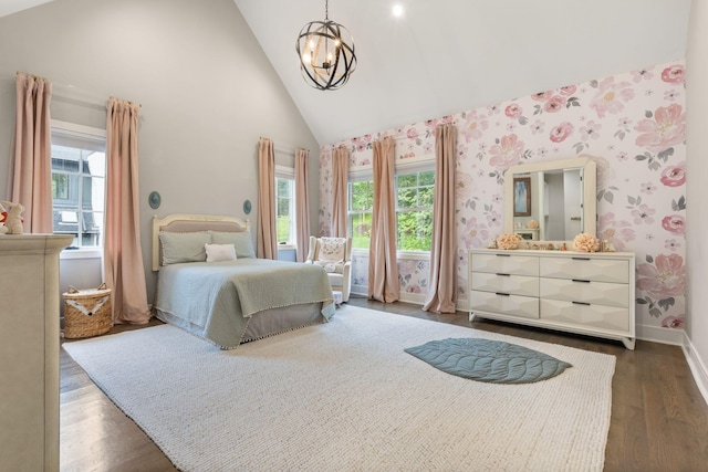 113 Cheekwood Ter, Nashville, TN 37205 - bedroom featuring baseboards, high vaulted ceiling, an inviting chandelier, and multiple windows