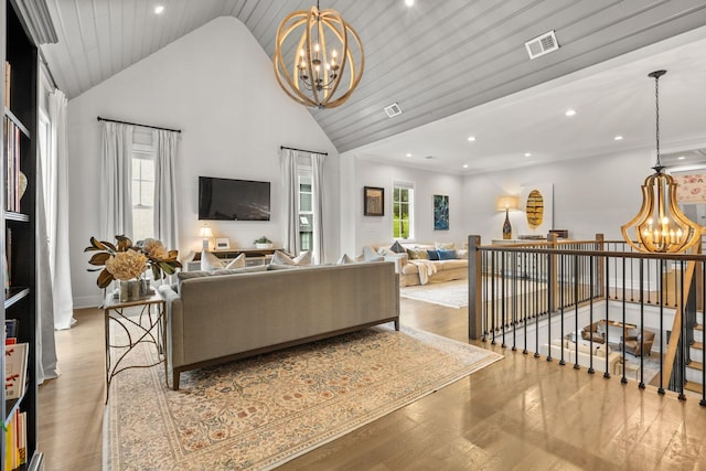 113 Cheekwood Ter, Nashville, TN 37205 - living area featuring a chandelier, visible vents, wood finished floors, and high vaulted ceiling