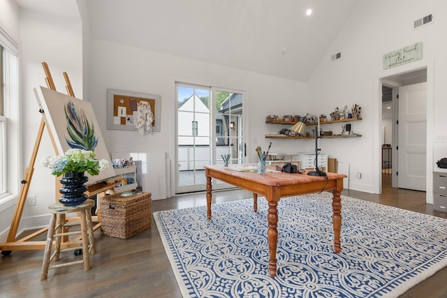 113 Cheekwood Ter, Nashville, TN 37205 - home office featuring visible vents, high vaulted ceiling, wood finished floors, and baseboards