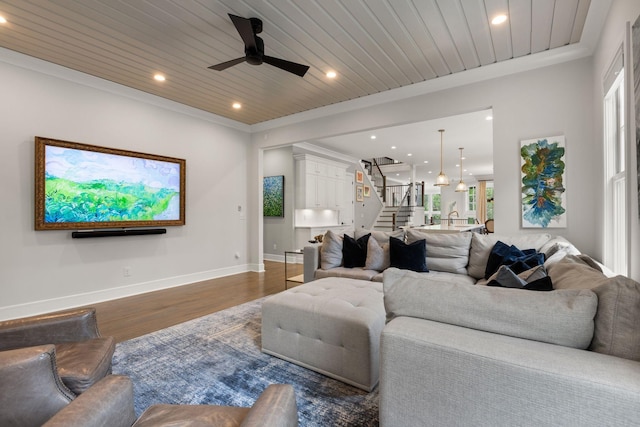 113 Cheekwood Ter, Nashville, TN 37205 - living area with dark wood finished floors, recessed lighting, ceiling fan, baseboards, and stairway
