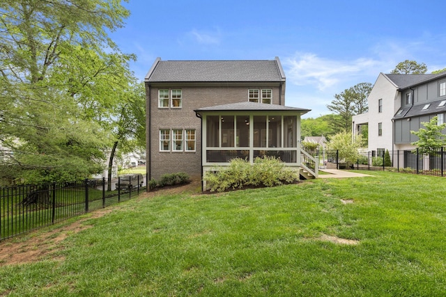 113 Cheekwood Ter, Nashville, TN 37205 - rear view of property featuring a lawn, a fenced backyard, brick siding, and a sunroom
