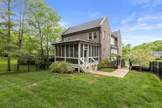 113 Cheekwood Ter, Nashville, TN 37205 - rear view of house with a sunroom, a lawn, a fenced backyard, and a gate
