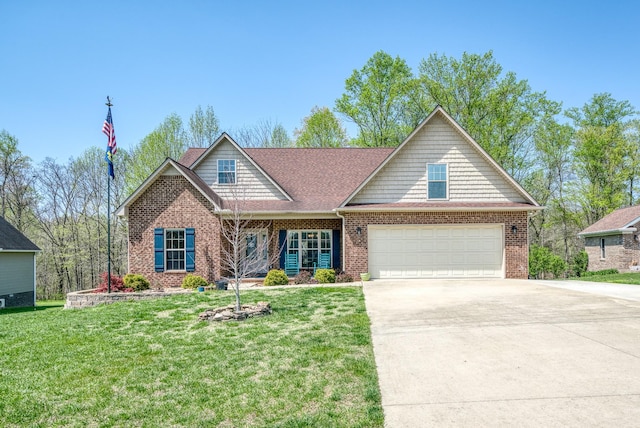 craftsman-style house featuring concrete driveway, a garage, a front lawn, and brick siding