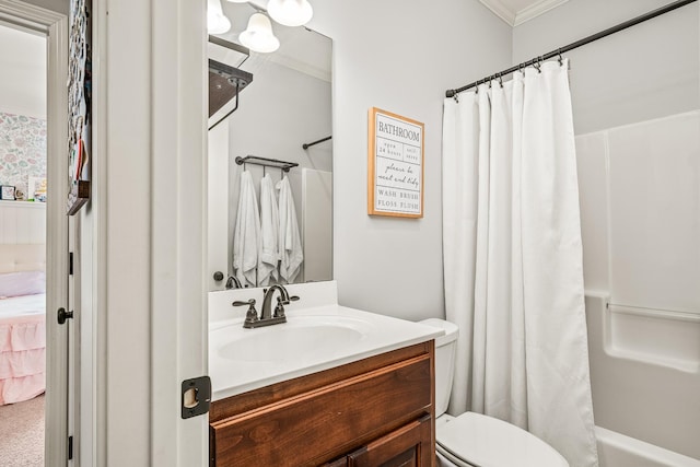 full bath with toilet, crown molding, vanity, and shower / tub combo
