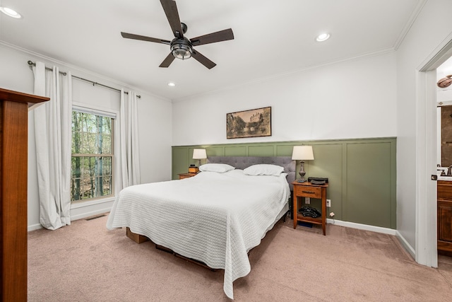 carpeted bedroom with crown molding, visible vents, and recessed lighting
