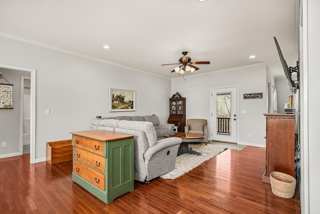 bedroom featuring dark wood-type flooring, baseboards, access to outside, and crown molding