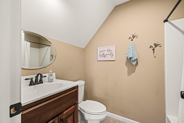 bathroom with a shower with shower curtain, toilet, vanity, vaulted ceiling, and tile patterned flooring