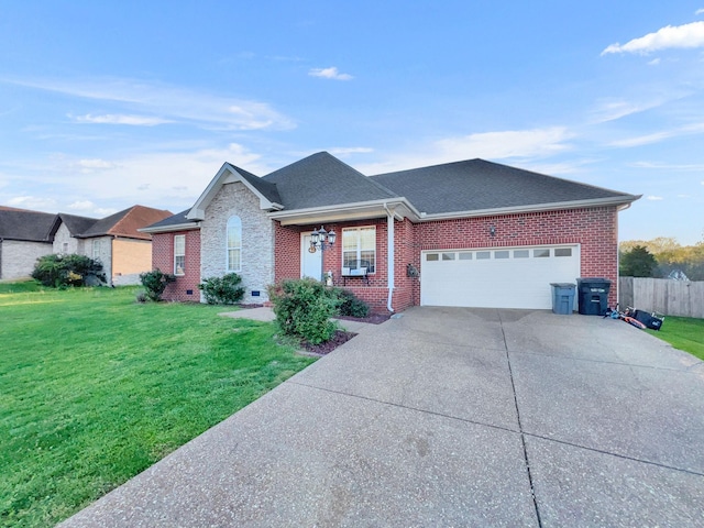 single story home featuring a front lawn, driveway, and brick siding
