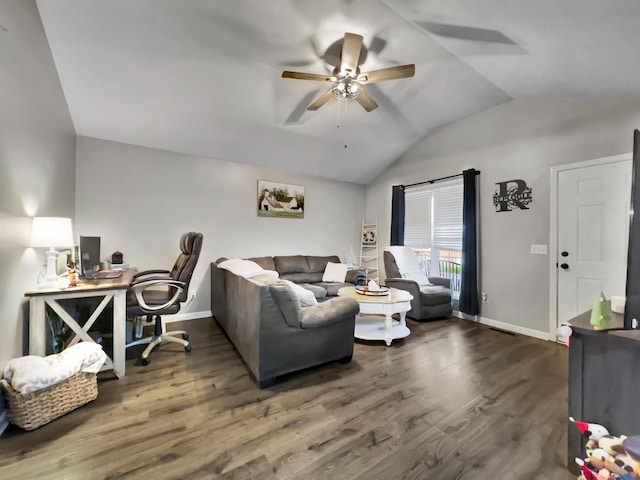 living area featuring baseboards, a ceiling fan, wood finished floors, and vaulted ceiling