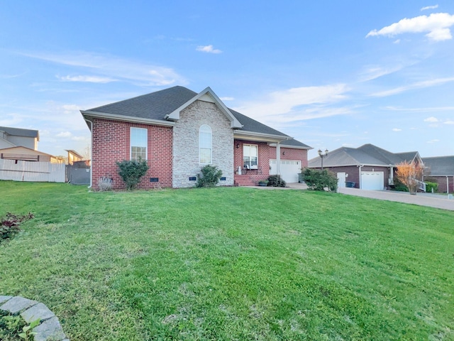 single story home featuring concrete driveway, an attached garage, crawl space, brick siding, and a front yard