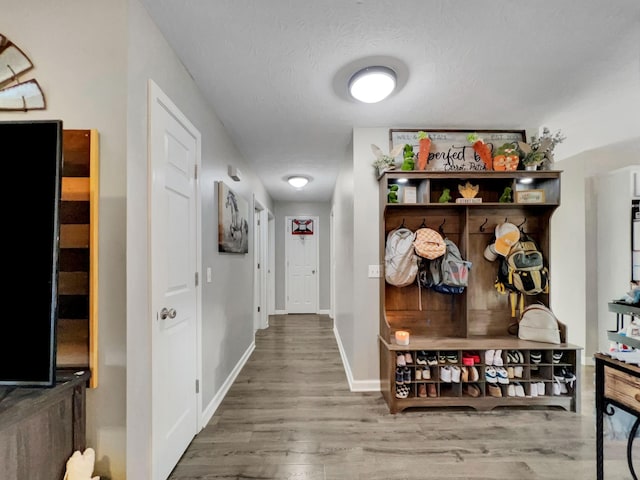 mudroom with baseboards, wood finished floors, and a textured ceiling