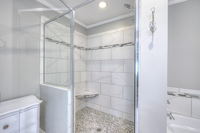 1143 Carnton Ln, Franklin, TN 37064 - bathroom featuring a stall shower, a garden tub, and ornamental molding