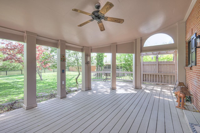 1143 Carnton Ln, Franklin, TN 37064 - deck featuring a yard, a fenced backyard, and a ceiling fan