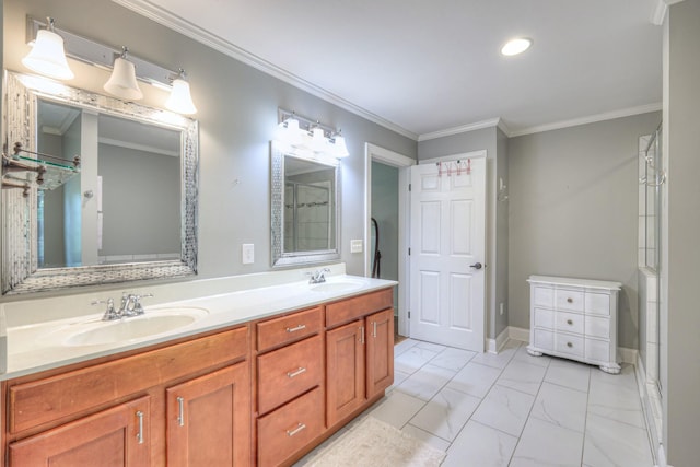 1143 Carnton Ln, Franklin, TN 37064 - full bathroom featuring an enclosed shower, marble finish floor, a sink, and crown molding