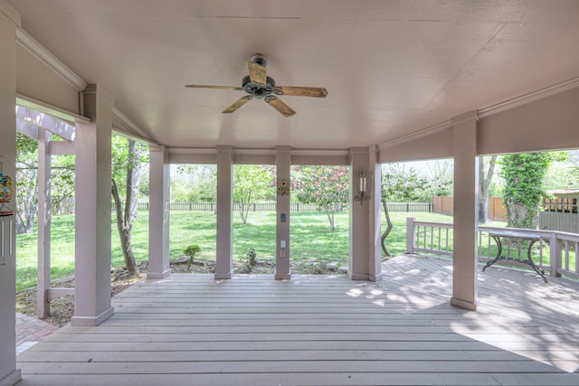 1143 Carnton Ln, Franklin, TN 37064 - wooden terrace featuring fence, a lawn, and ceiling fan