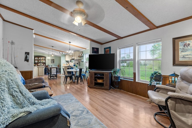 living area with light wood-type flooring, ceiling fan with notable chandelier, a textured ceiling, and a wainscoted wall
