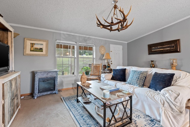 living room featuring a textured ceiling, baseboards, ornamental molding, and carpet