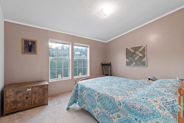 carpeted bedroom featuring a textured ceiling, crown molding, and lofted ceiling
