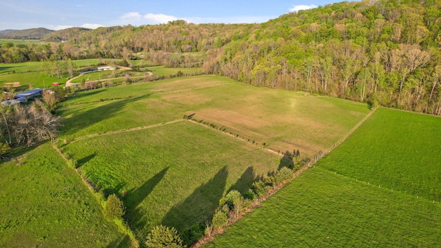 birds eye view of property featuring a view of trees and a rural view