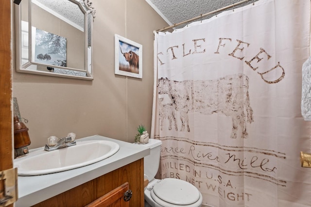 bathroom featuring toilet, a textured ceiling, vanity, and curtained shower