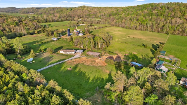 bird's eye view with a forest view and a rural view
