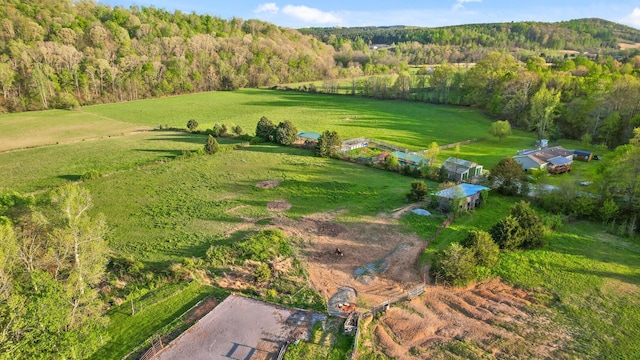 aerial view featuring a view of trees and a rural view