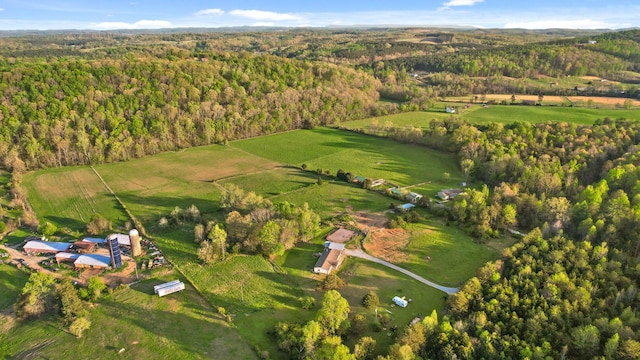 bird's eye view featuring a forest view and a rural view